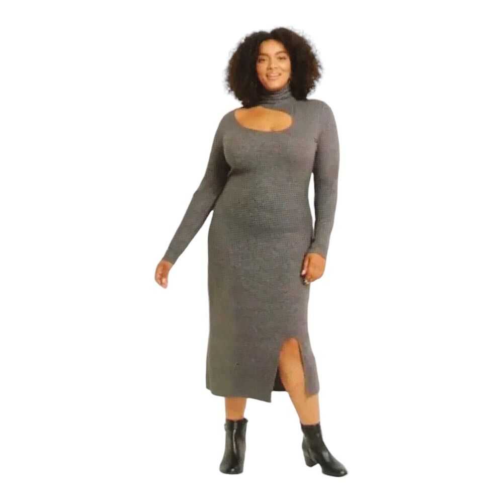 Lane Bryant Dress Size 10/12 Grey Long Sleeve Cut Out Slit Bodycon Midi Sweater